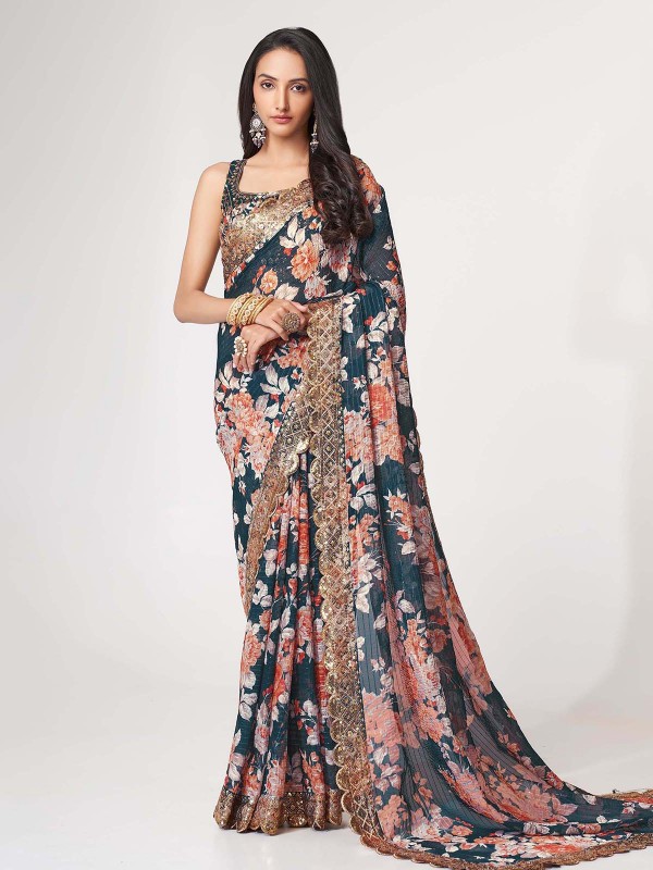 Dark Blue Organza Digital Print Saree